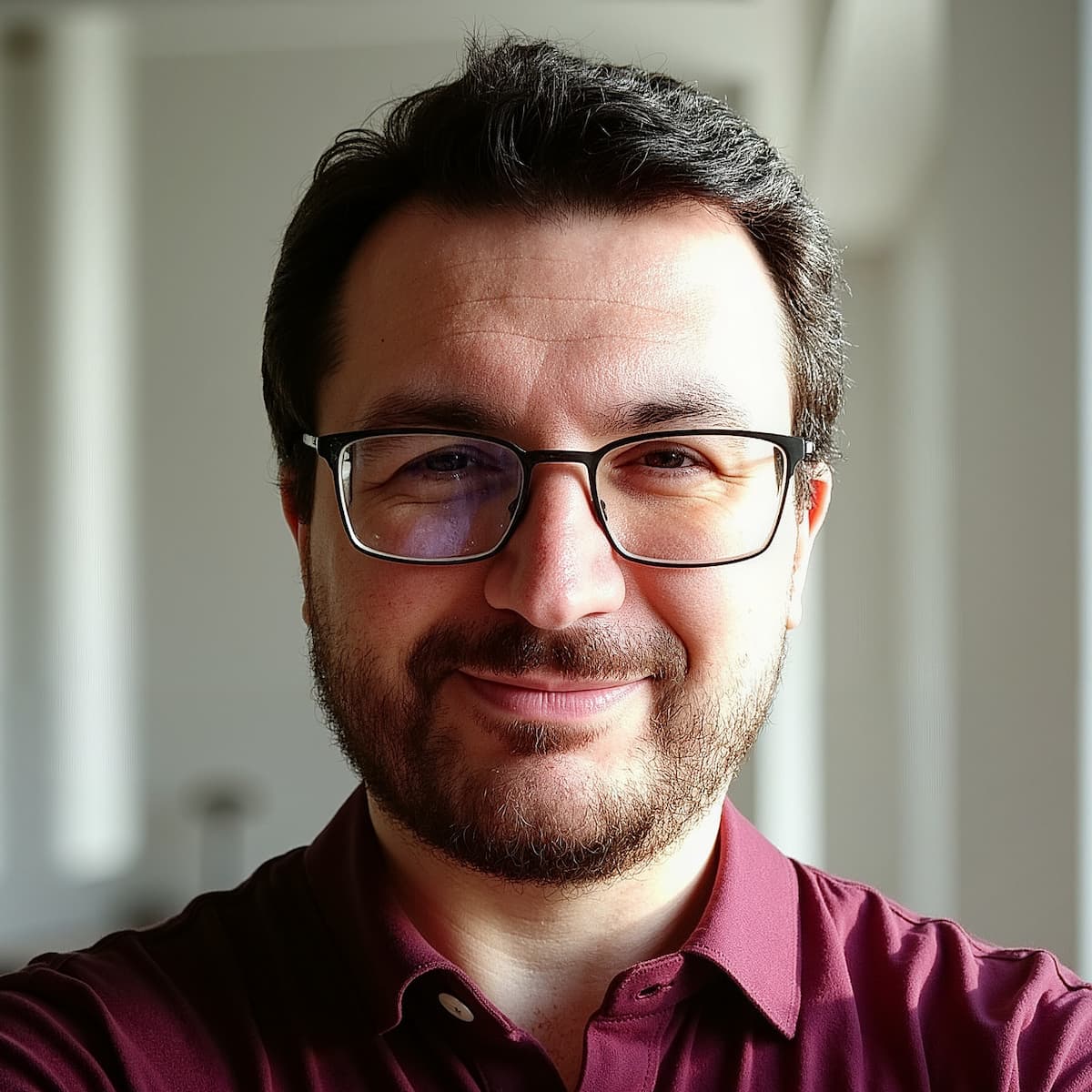 Matteo Greco, in a burgundy shirt, looking into the camera and smiling